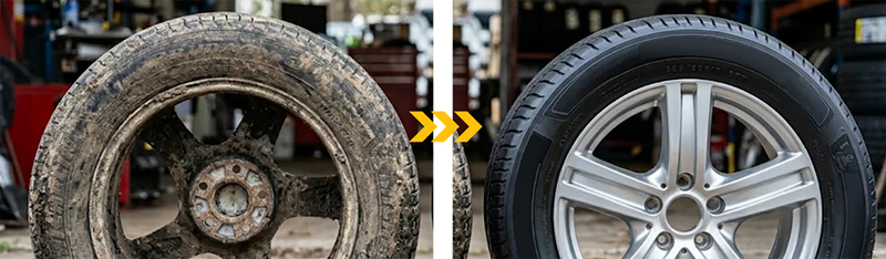 Tire shine before and after - angle 2