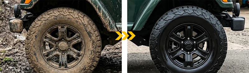 Tire shine before and after - angle 3